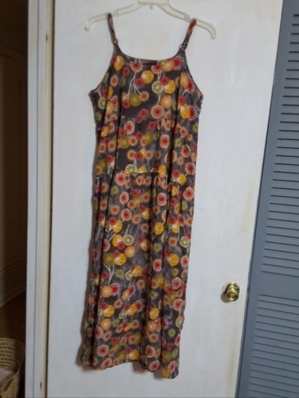Sleeveless Floral Maxi Dress in Gray with Yellow & Red Blooms